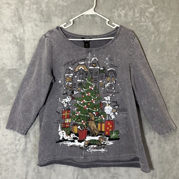 Ali Miles Women L Winter Dogs Print Top Christmas Tree Sweater 3/4 Sleeves Gray - Picture 1 of 9